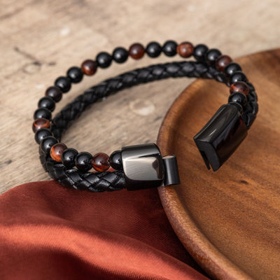 Doppeltes Armband – geflochtenes Leder – rotes Tigerauge und Onyx – Edelstahlverschluss