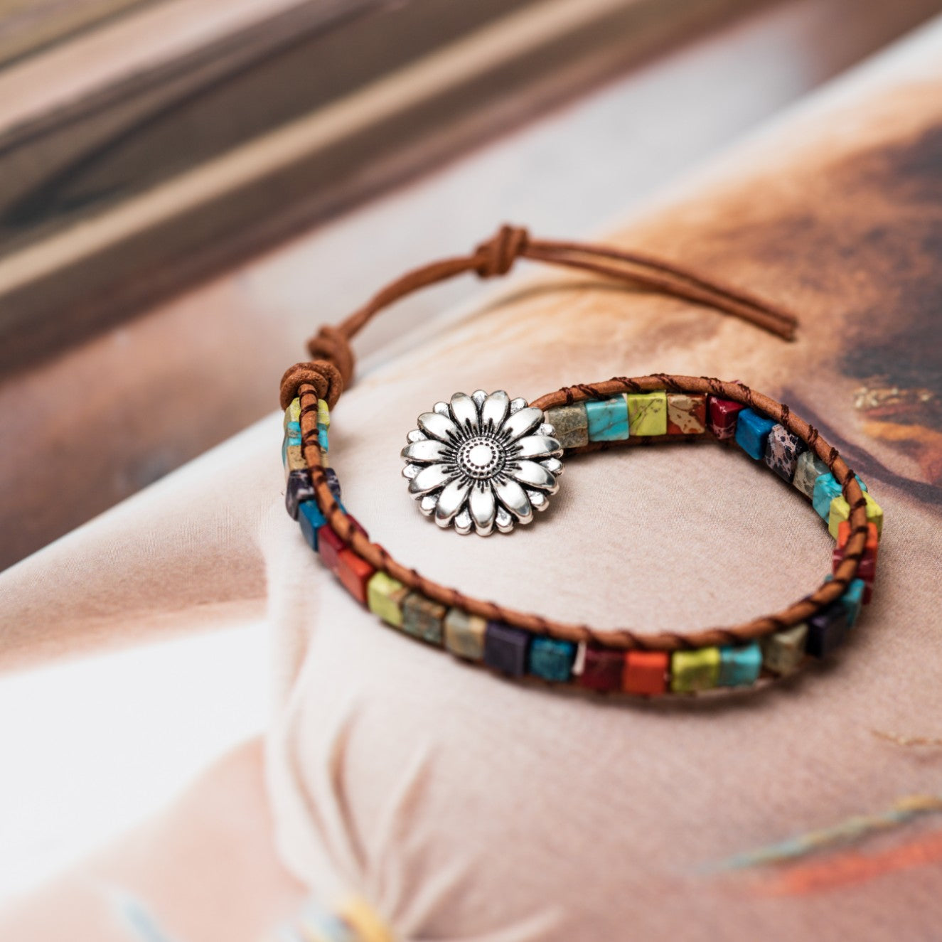 Chakra-Armband – Jaspis & Leder – Edelsteinwürfel – Glaube