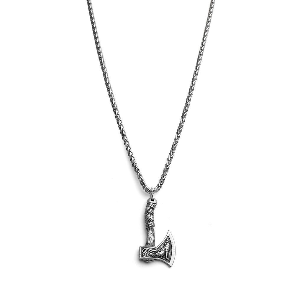 Wikinger-Halskette – Axt – Axt-Anhänger – Falke und Wolf aus Silber