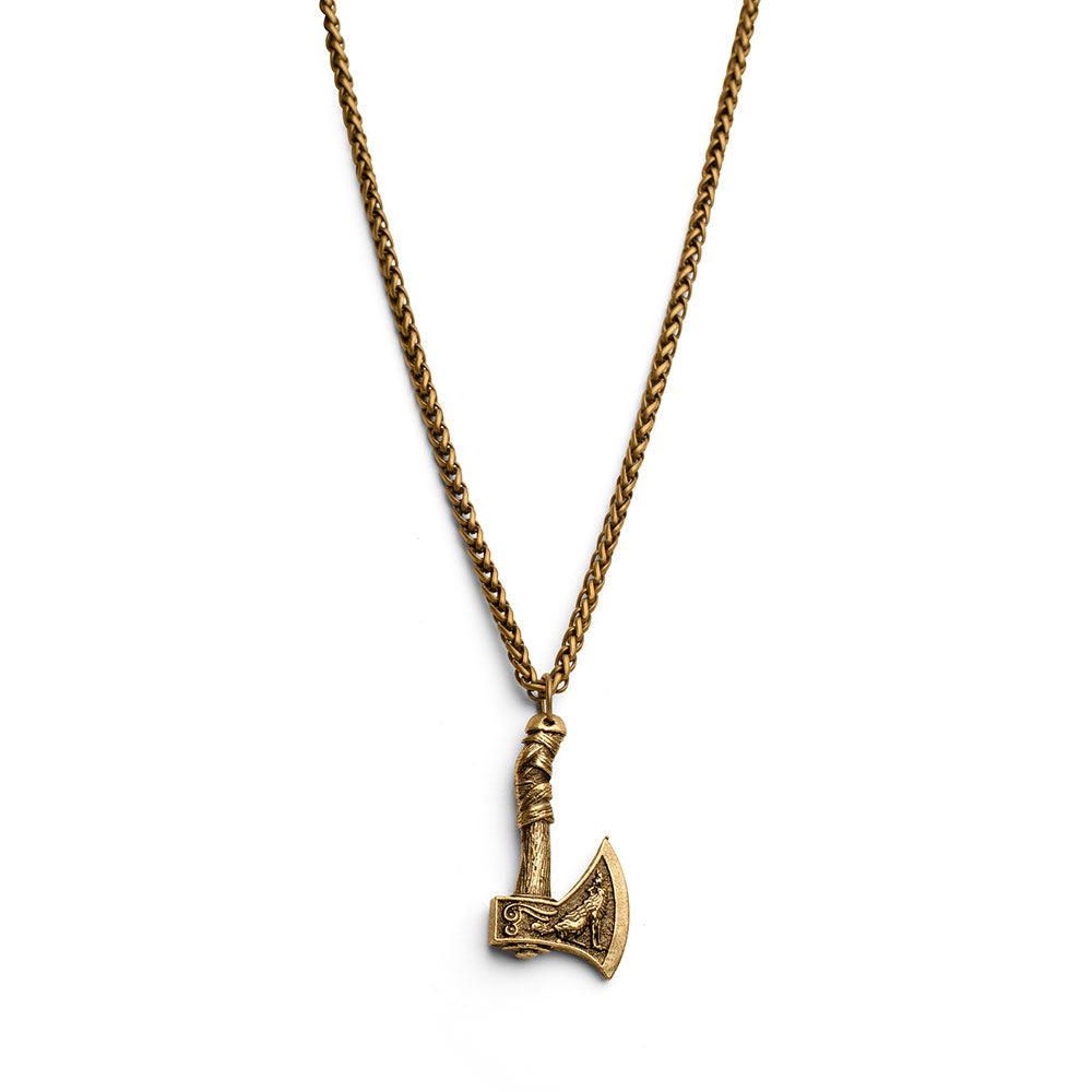 Wikinger-Halskette – Axt – Axt-Anhänger – Falke und Wolf – Gold