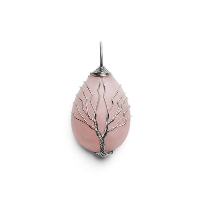 Rosenquarz-Anhänger – Baum des Lebens – tropfenförmiger Edelstein-Anhänger – Schönheit