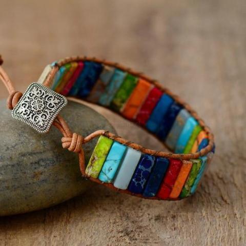 Chakra-Armband verstellbar – Regenbogenjaspis & Leder – Glaube