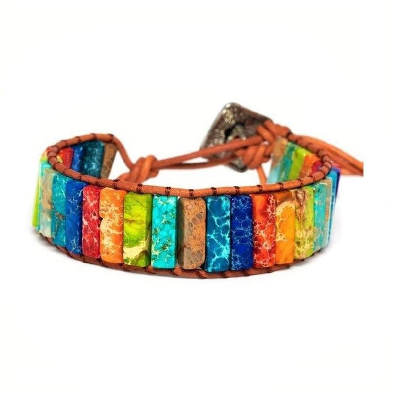 Chakra-Armband verstellbar – Regenbogenjaspis & Leder – Glaube